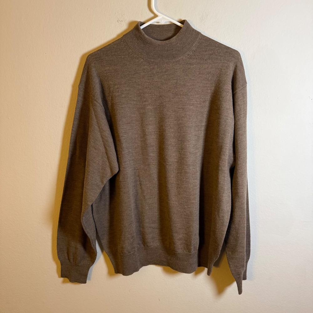 Eildon Hills Mens Large Taupe Brown 100% Extrafine Merino Wool Mock Neck Sweater